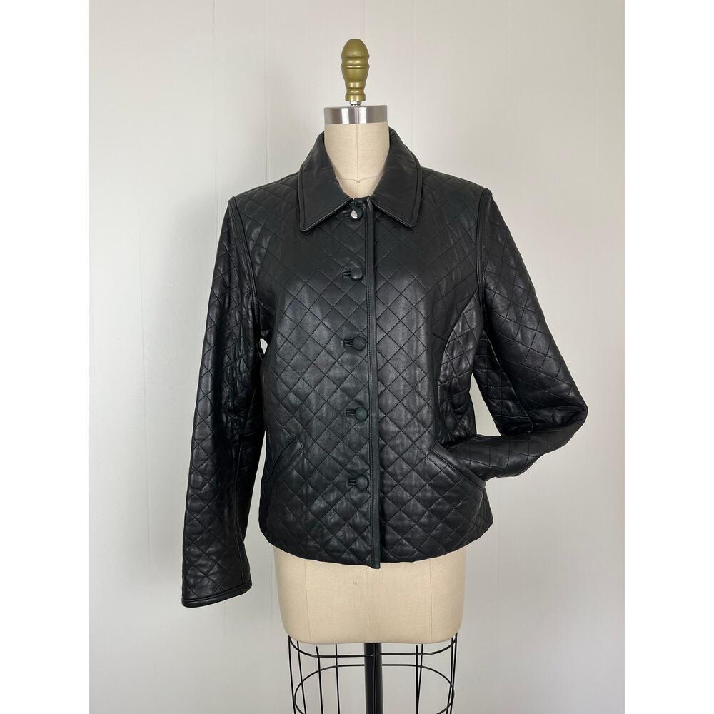 Vintage 90s Y2K Black Quilted Leather Jacket Womens 10 Context Goth‎ Grunge Moto